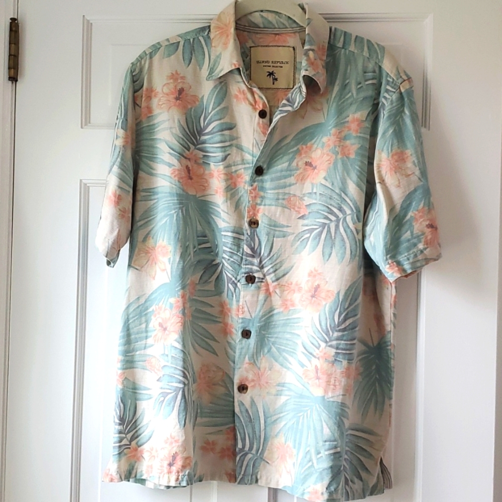 ISLAND REPUBLIC 100% SILK HAWAIIAN ALOHA SHIRT MEN'S MEDIUM PEACH CREAM AQUA